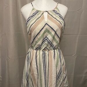 Green and Pink Sleeveless Sundress with Halter Neckline